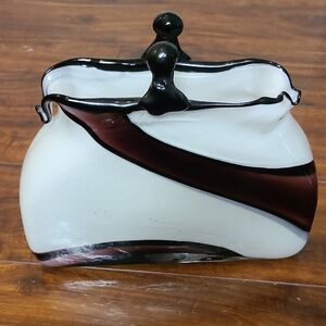 Handblown Glass Purse Sculpture in White and Deep Maroon
